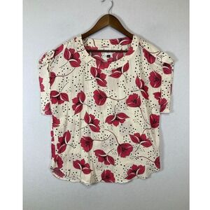 Floral Polka Dot Cabi Women Size S Cream Pink Epaulet Short Sleeve Blouse 4166